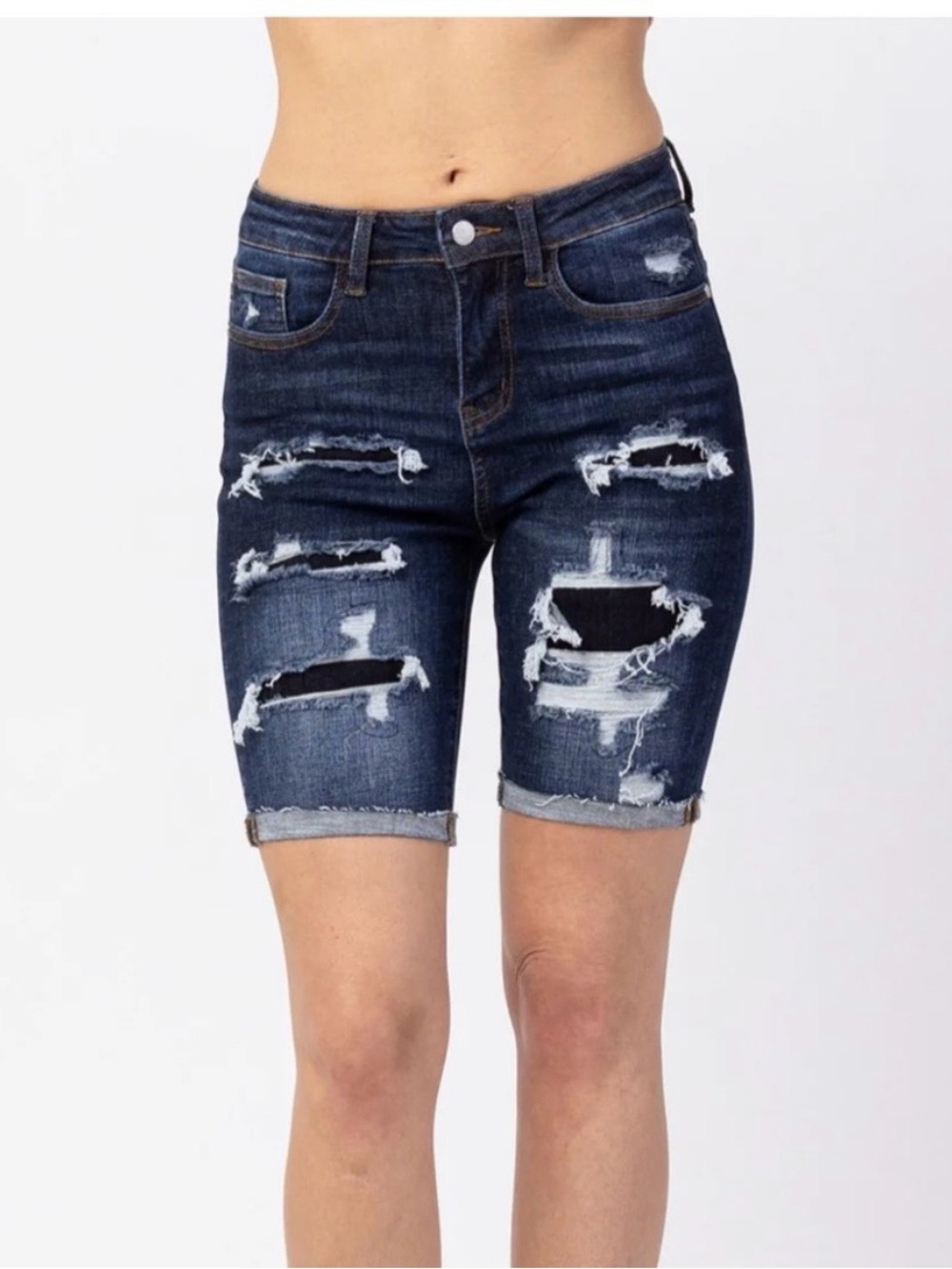 NWT Judy Blue High Waist Patch Destroyed Bermuda Denim Shorts Size Small